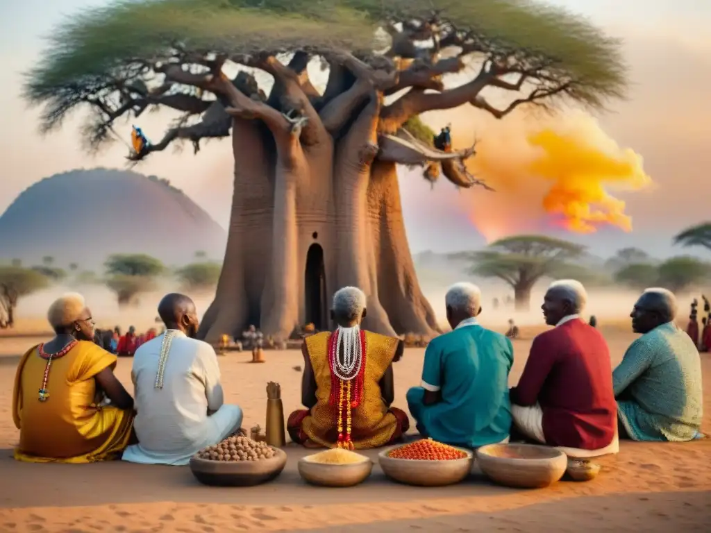 Un grupo de ancianos africanos realiza un ritual espiritual bajo un baobab al atardecer, simbolizando la conexión entre religión y vida cotidiana