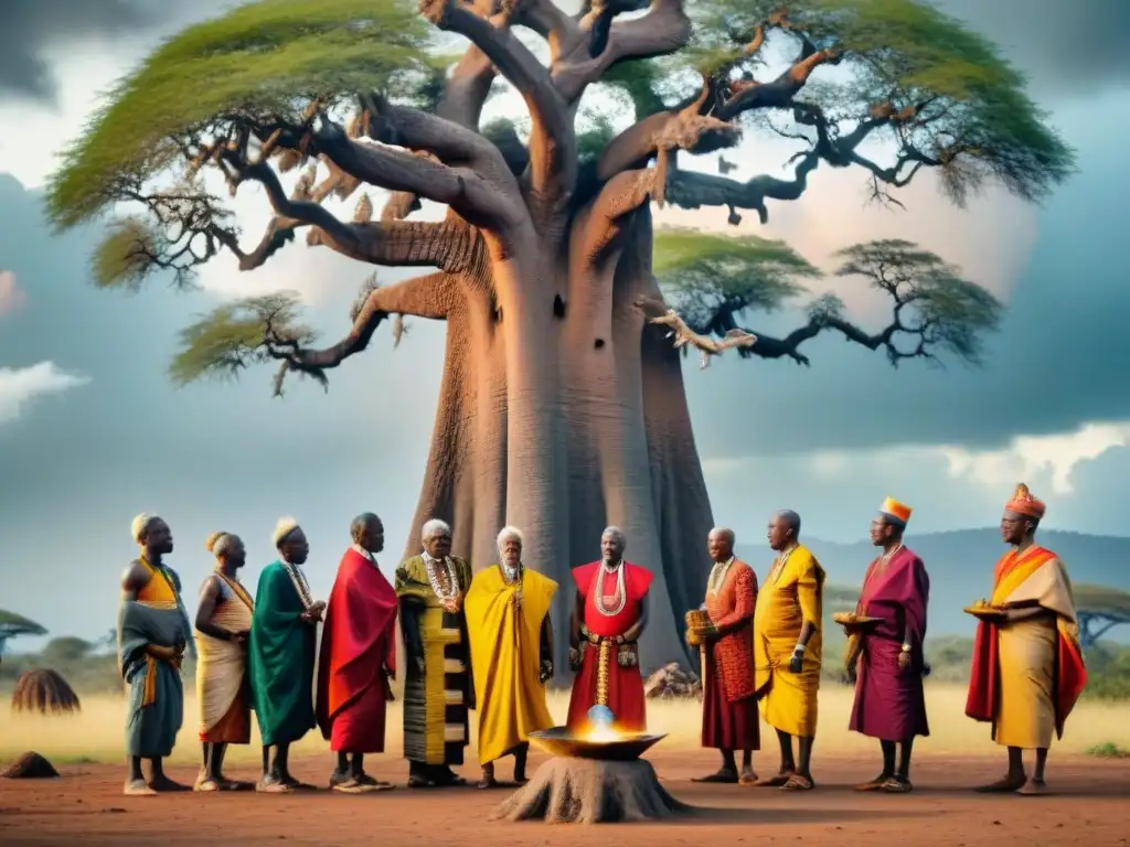 Grupo de ancianos africanos realizando rituales de invocación de lluvia bajo un Baobab centenario