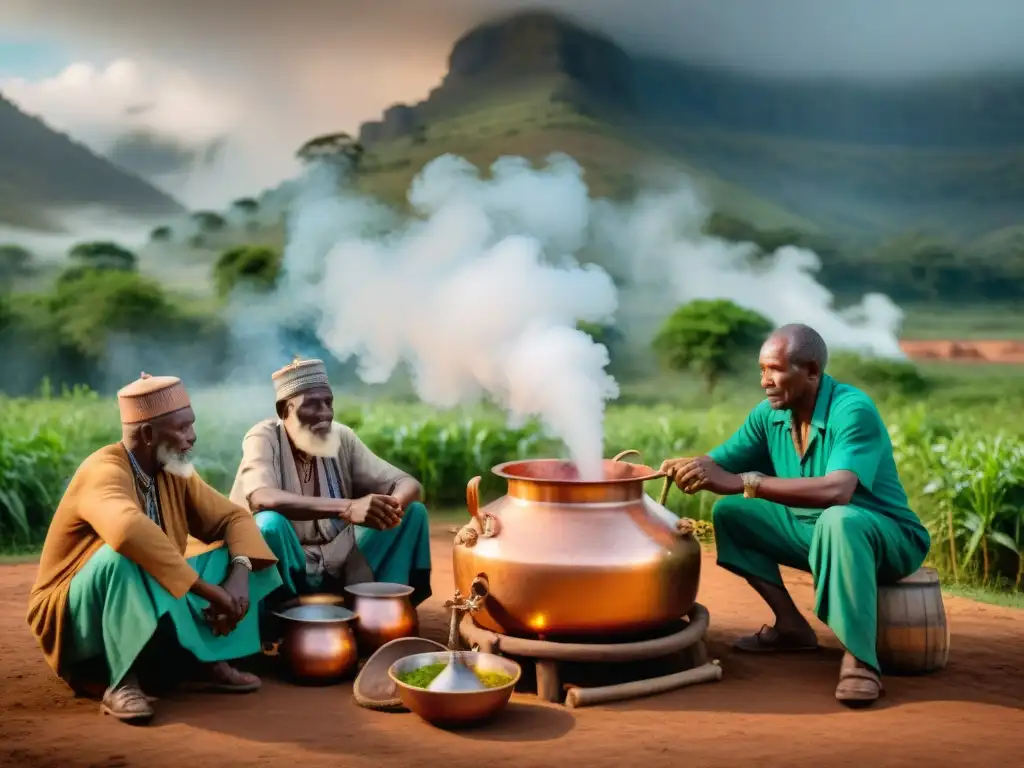 Un grupo de ancianos africanos realizando rituales de destilación en África con vestimenta tradicional y equipo artesanal