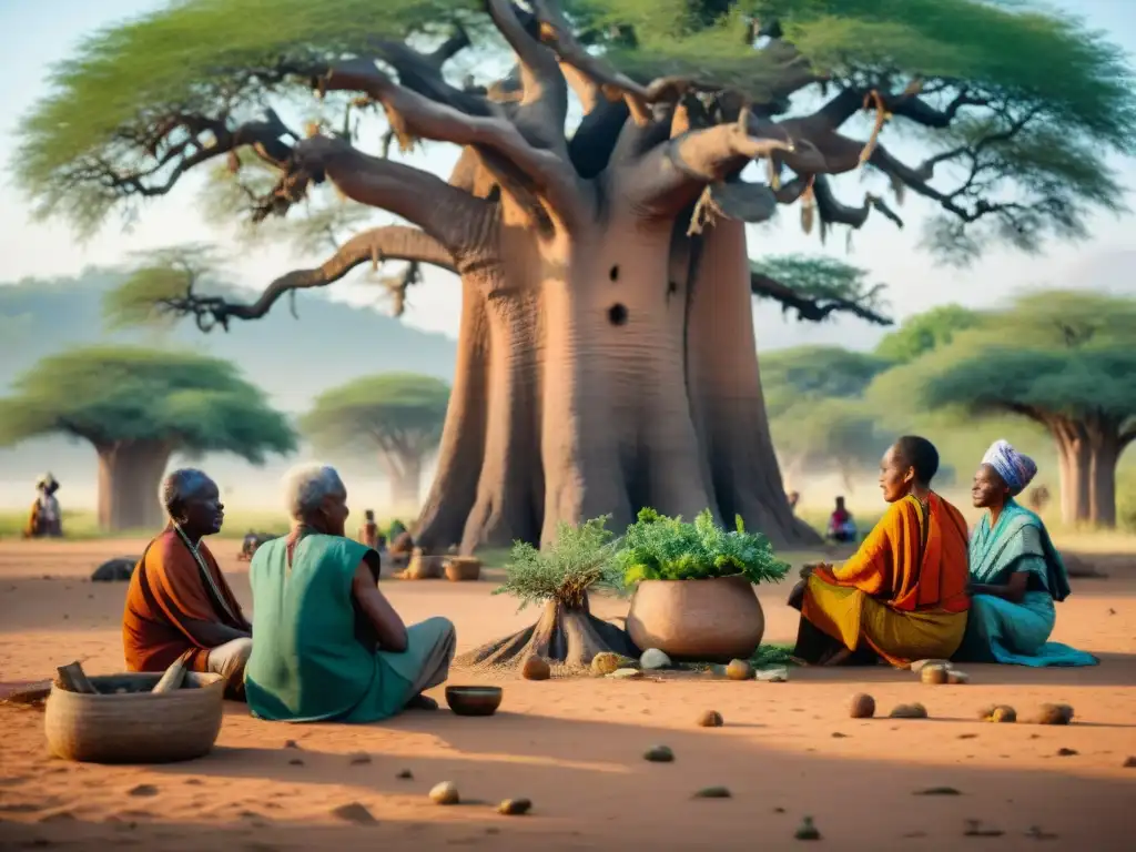 Grupo de ancianos africanos bajo baobab, rodeados de plantas medicinales y discutiendo