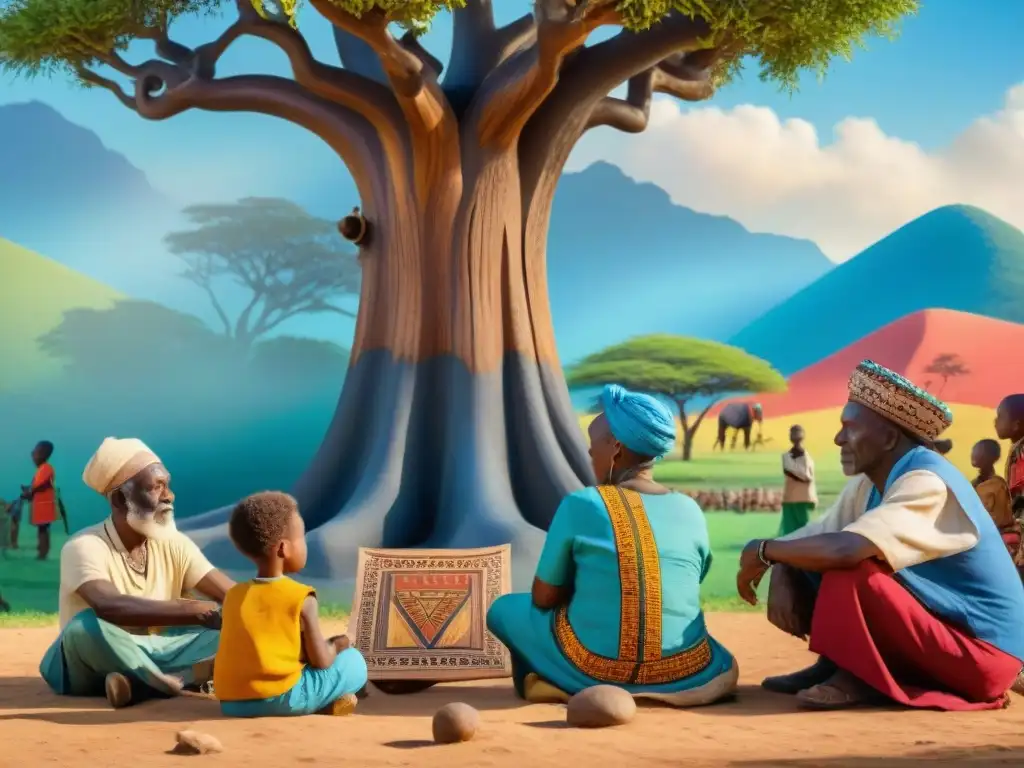 Un grupo de ancianos africanos comparte sabiduría bajo un árbol, rodeados de arte y enseñanzas, conectando con el aprendizaje ancestral en África