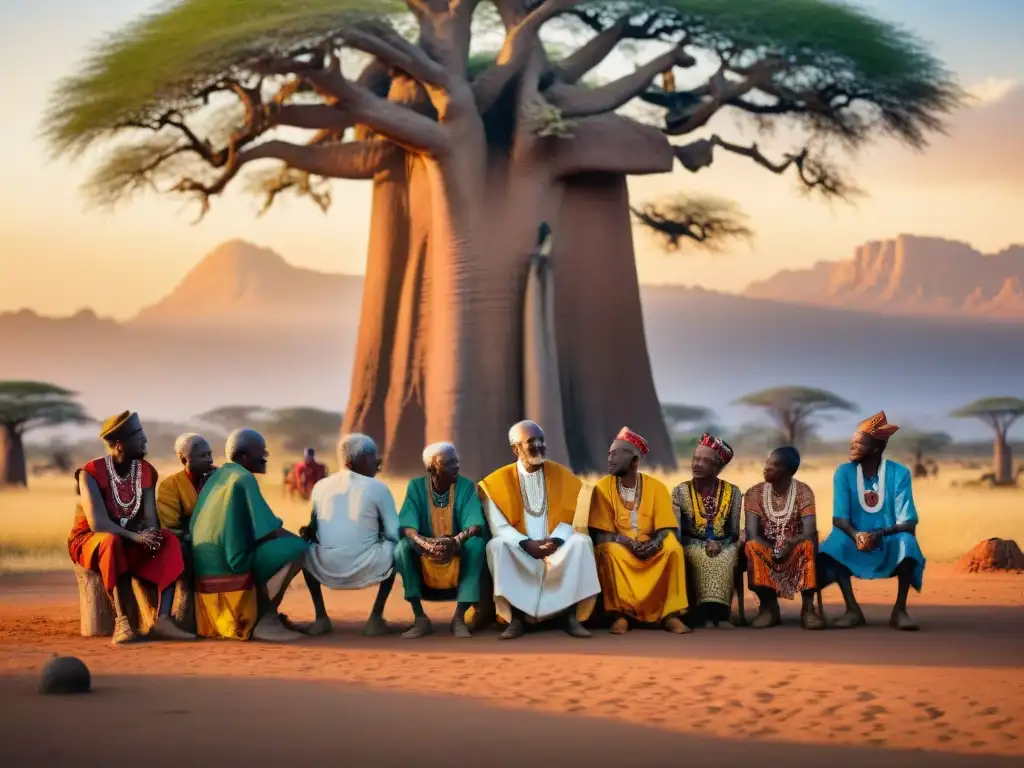 Grupo de ancianos africanos bajo baobab, discutiendo con sabiduría y colores vibrantes al atardecer