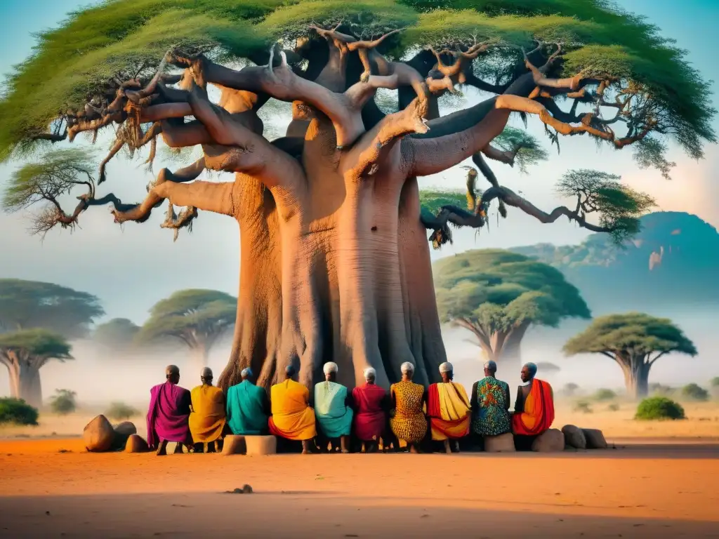 Un grupo de ancianos africanos comparte sabiduría bajo un baobab