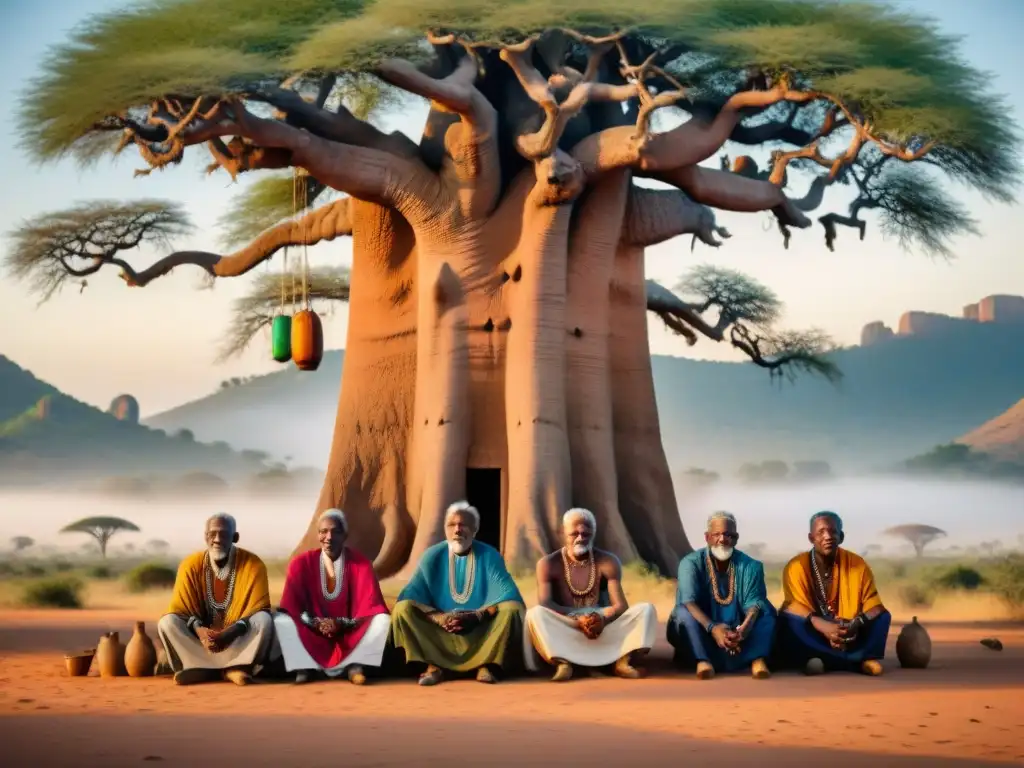 Un grupo de ancianos africanos comparte sabiduría ancestral bajo un Baobab, rodeados de arte tradicional africano