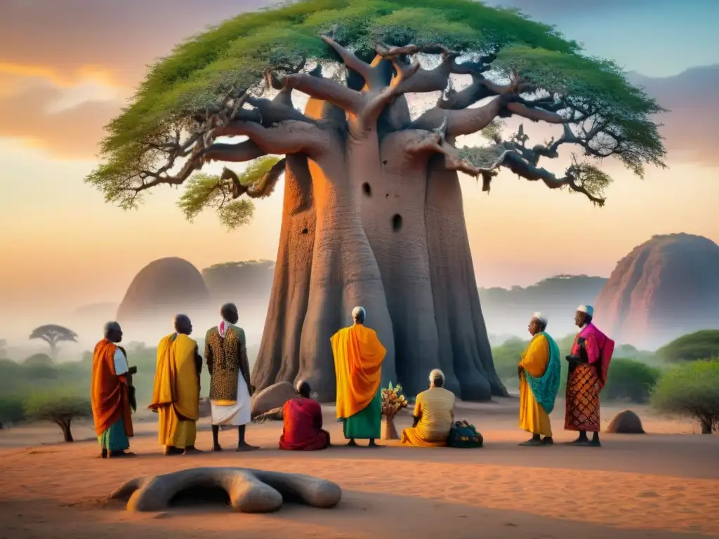 Un grupo de ancianos africanos se reúne alrededor de un sagrado baobab en una ceremonia espiritual