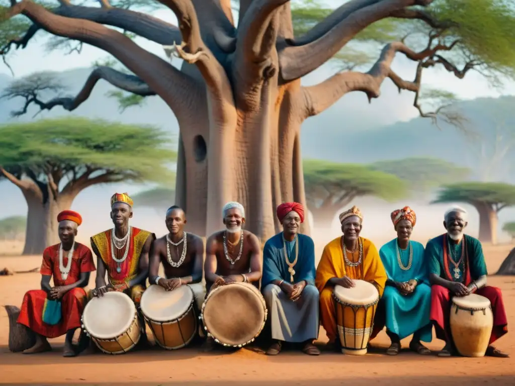 Ritmos ancestrales: tambores africanos bajo el baobab Un grupo de ancianos africanos toca tambores bajo un baobab, rodeados de coloridos tejidos africanos al sol brillante