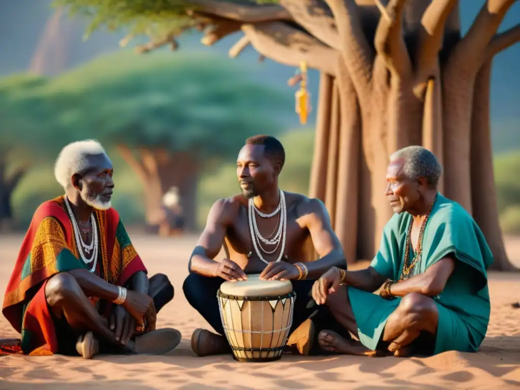 'Grupo de ancianos africanos tocando tambores espirituales bajo baobab, transmitiendo herencia cultural y conexión espiritual