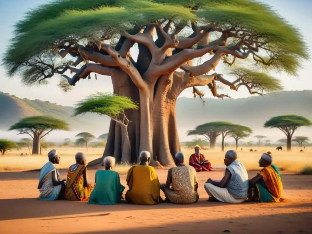 Un grupo de ancianos africanos en tradicional vestimenta bajo un baobab, discuten con sabiduría