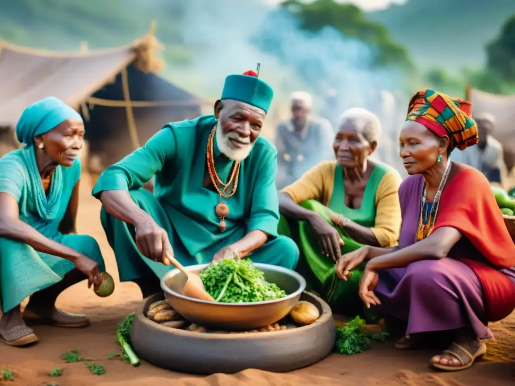 Un grupo de ancianos africanos en trajes tradicionales coloridos cocinando al aire libre, reflejando la importancia de la Dieta africana tradicional saludable