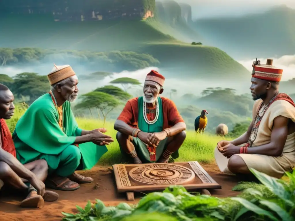 Un grupo de ancianos africanos de diferentes tribus tradicionales reunidos alrededor de un antiguo generador de energía, en armonía con la naturaleza