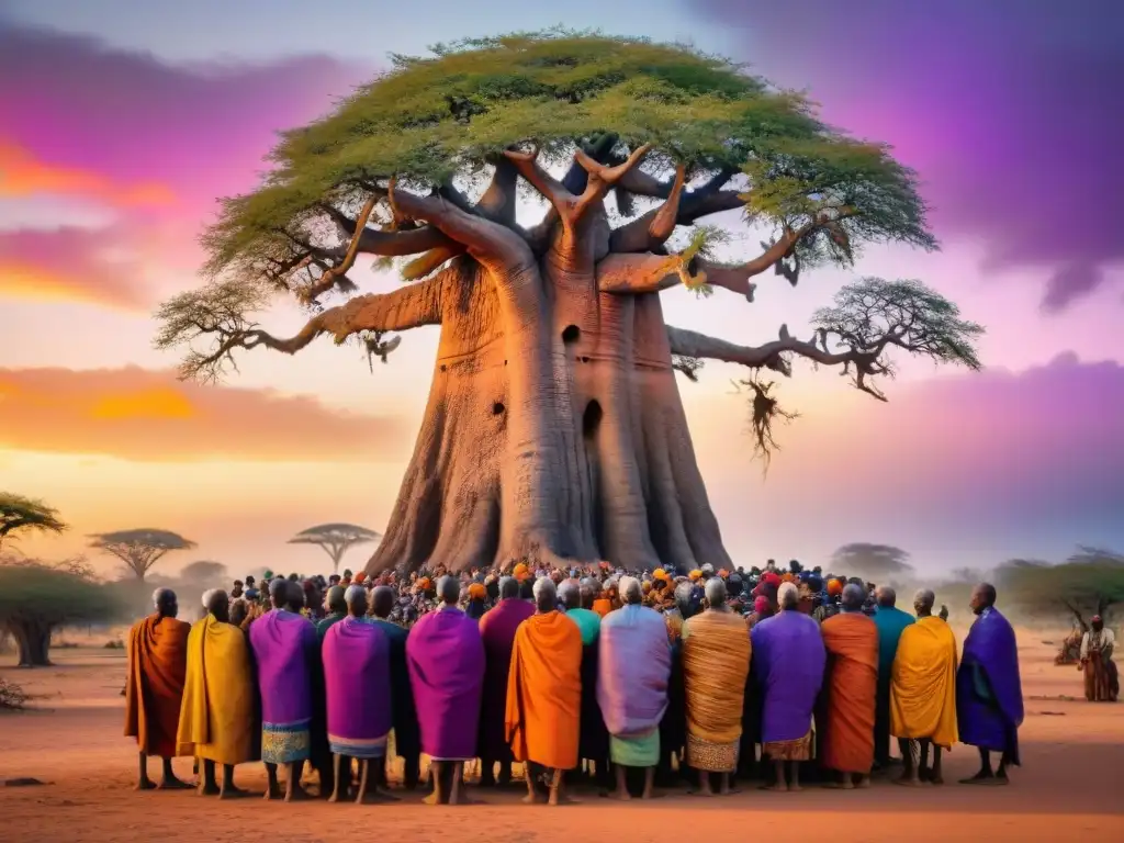 Un grupo de ancianos africanos de diversas tribus reunidos alrededor de un antiguo baobab al atardecer, en una ceremonia espiritual