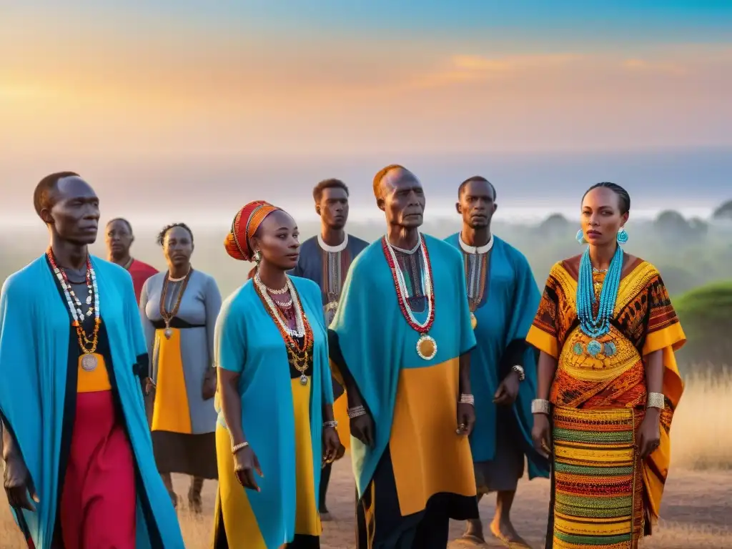 Un grupo de ancianos africanos vestidos con atuendos tradicionales realiza un ritual de danza en un funeral en la sabana africana al atardecer