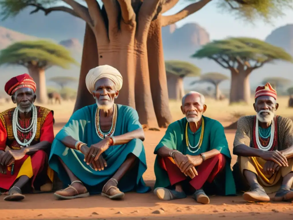 Un grupo de ancianos africanos, vestidos con trajes tradicionales, conversan animadamente bajo un baobab