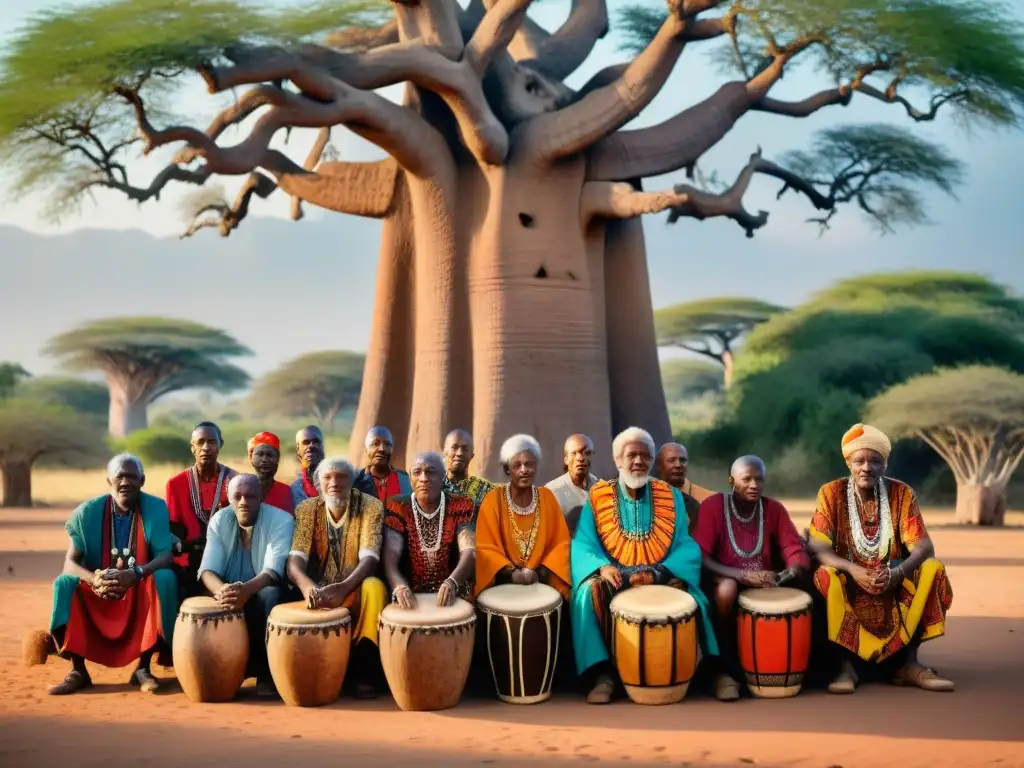 Un grupo de ancianos africanos vestidos de forma tradicional, tocando tambores bajo un baobab