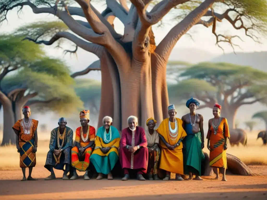 Un grupo de ancianos africanos, vestidos con atuendos tradicionales coloridos, reunidos bajo un baobab en la sabana dorada