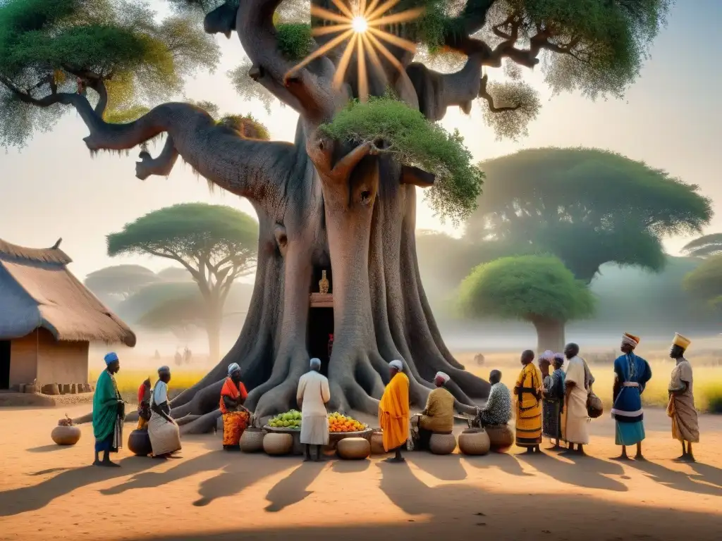 Un grupo de ancianos en una aldea africana venera a sus ancestros bajo un árbol antiguo al atardecer