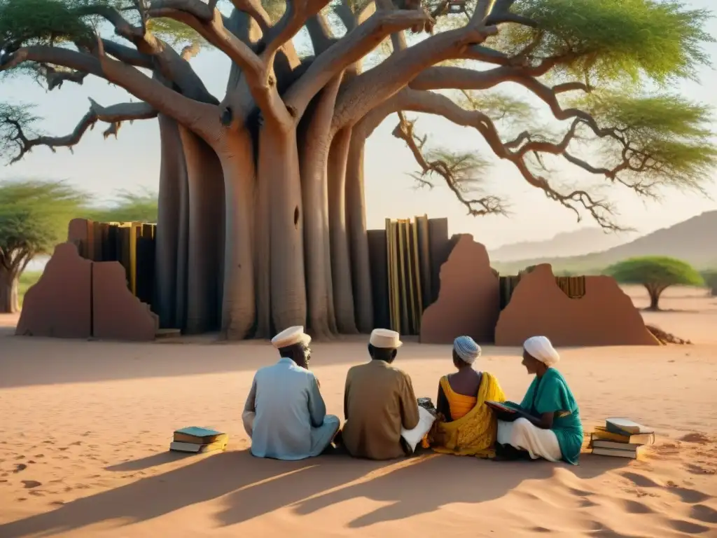 Un grupo de ancianos y ancianas bajo un baobab en Djibouti, discuten literatura y poesía en África