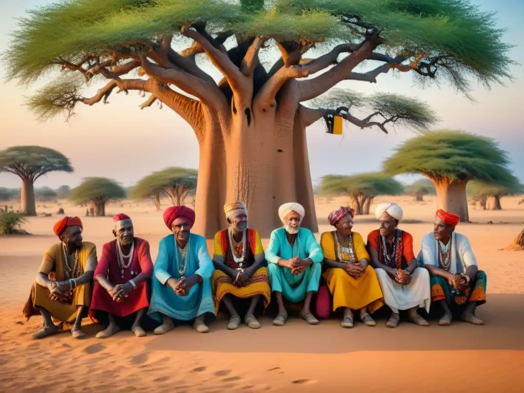 Un grupo de ancianos y ancianas del Sahel enriquecen su cultura bajo un baobab, conectados con sus lenguas precoloniales