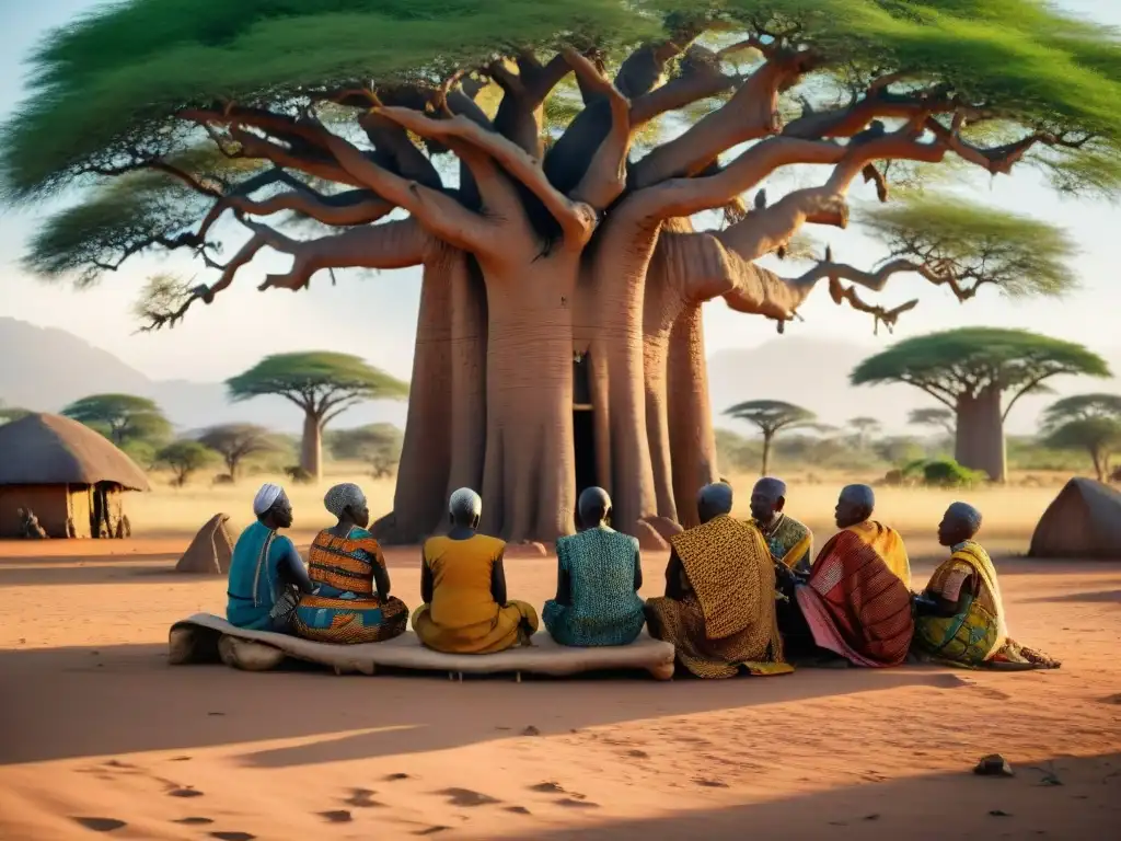 Un grupo de ancianos debatiendo bajo un árbol baobab en una aldea africana