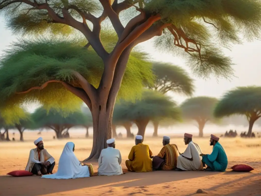 Un grupo de ancianos somalíes bajo un árbol, compartiendo literatura y poesía en África