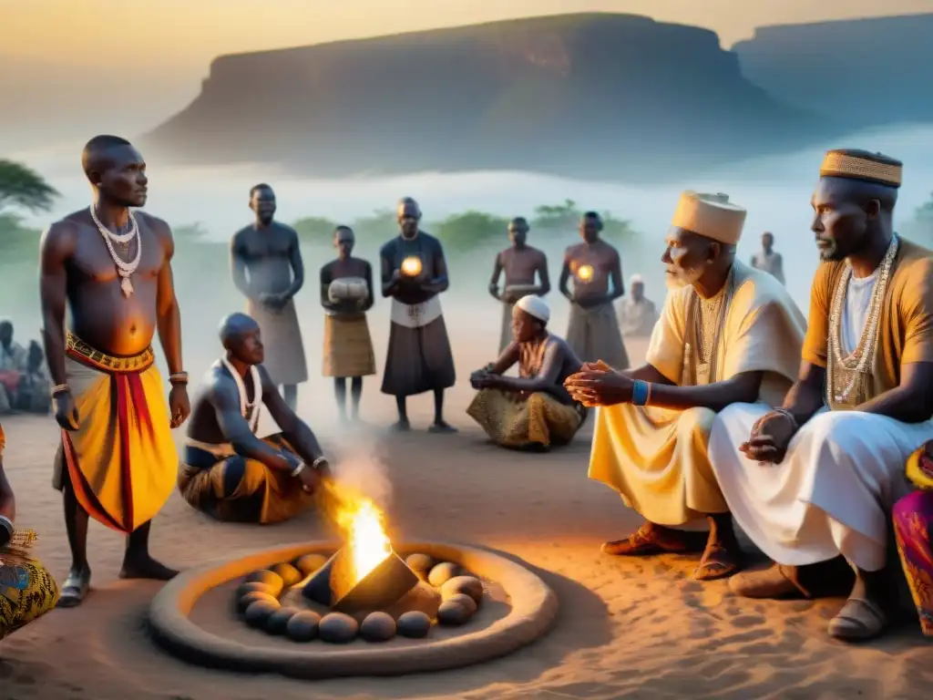 Grupo de ancianos en atuendo tradicional africano realizando un ritual sagrado al atardecer en un remoto pueblo