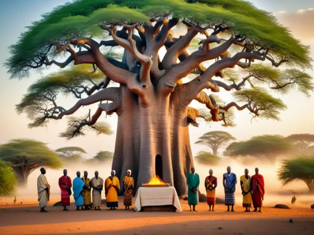 Un grupo de ancianos en atuendos africanos tradicionales realizan un ritual funerario bajo un baobab al atardecer, reflejando creencias africanas