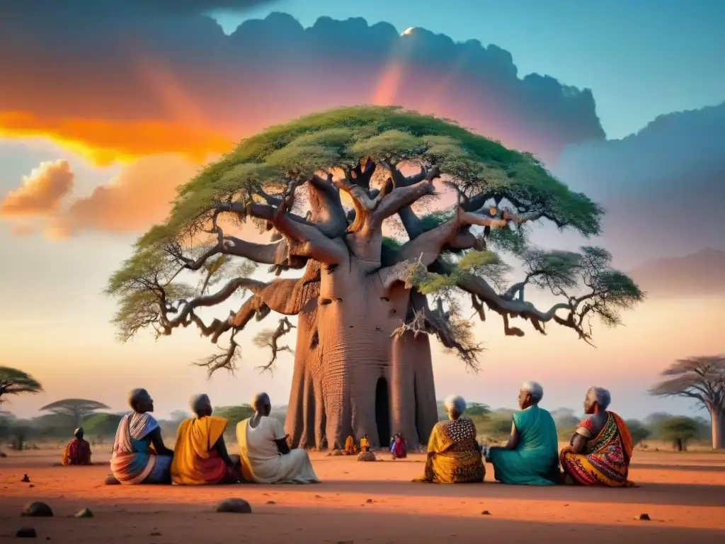 Grupo de ancianos bajo un baobab, vistiendo atuendos tradicionales, en una animada discusión al atardecer africano