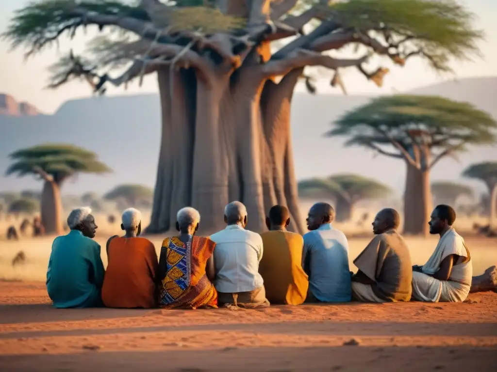 Un grupo de ancianos bajo un baobab, dialogando en un entorno africano al atardecer