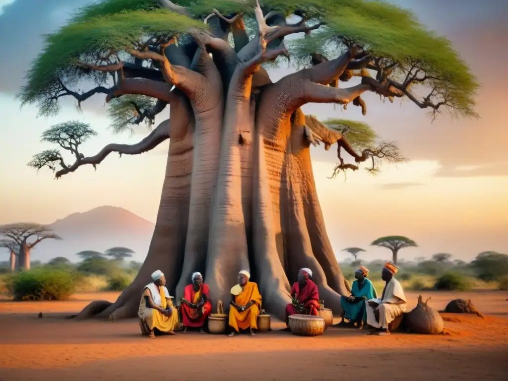 Un grupo de ancianos discute bajo un baobab en un pueblo africano, rodeados de máscaras y tambores tradicionales