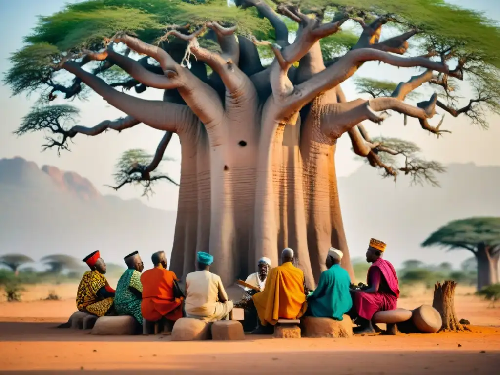 Grupo de ancianos debatiendo bajo un baobab en un reino africano, resaltando la importancia del Gobierno en pequeños reinos africanos