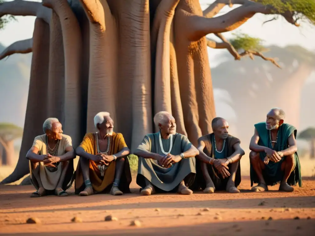 Un grupo de ancianos bajo un baobab en la sabana africana, iluminados por el sol, discutiendo enseñanzas de Proverbios africanos