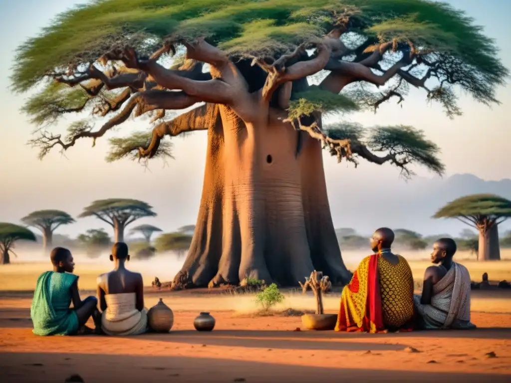 Un grupo de ancianos comparte sabiduría bajo un baobab en la sabana africana, rodeados de niños