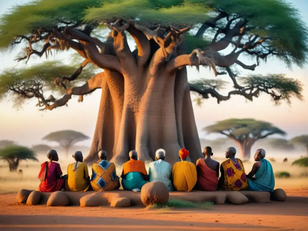 Un grupo de ancianos de África Central, vestidos con prendas tradicionales coloridas, comparten historias bajo un baobab al atardecer