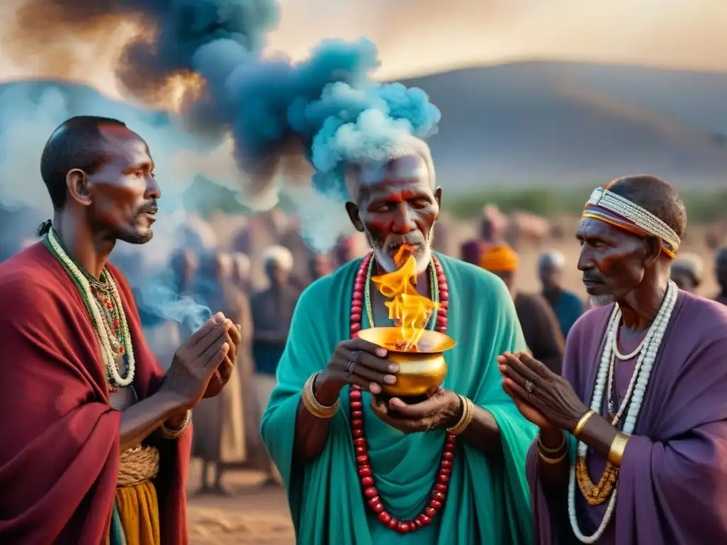 Un grupo de ancianos del Cuerno de África reunidos alrededor de una hoguera sagrada, realizando rituales ancestrales