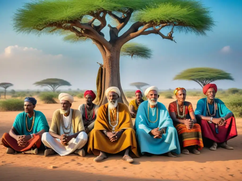 Grupo de ancianos de diferentes etnias en el Cuerno de África, bajo un árbol, compartiendo historias