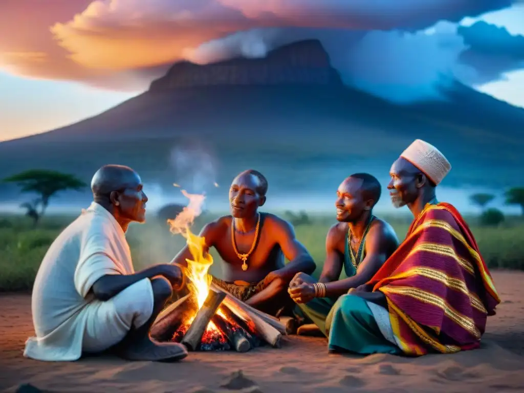 Un grupo de ancianos conversan alrededor del fuego en una aldea africana, evocando sabiduría y espiritualidad africana