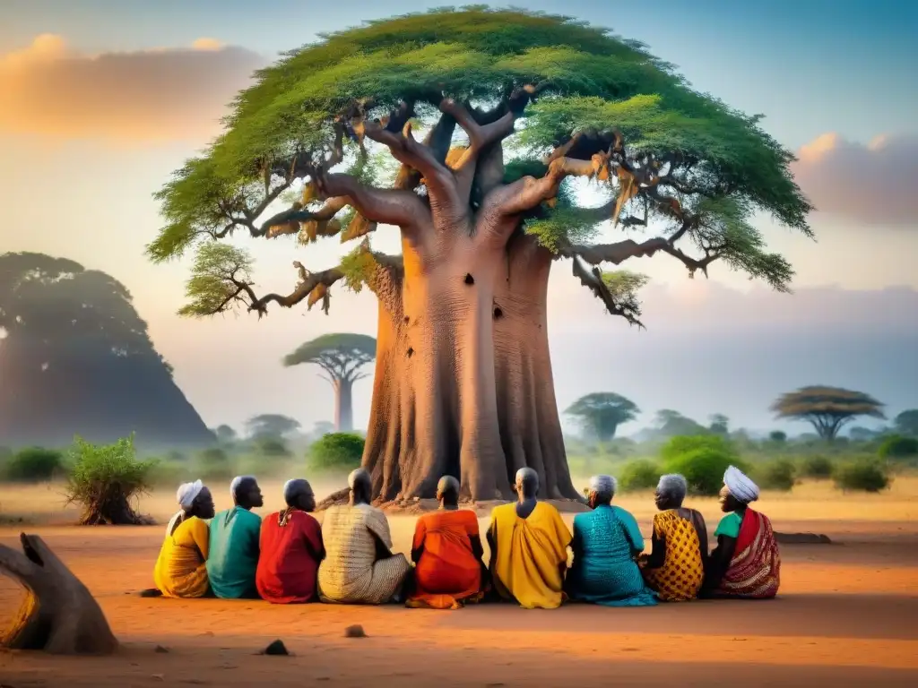 Un grupo de ancianos guineanos bajo la sombra de un árbol baobab, reflejando la sabiduría y la tradición de las civilizaciones africanas