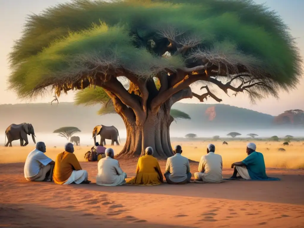 Grupo de ancianos escuchando una historia bajo un árbol en la sabana del Cuerno de África, en una tradición oral llena de magia y sabiduría ancestral