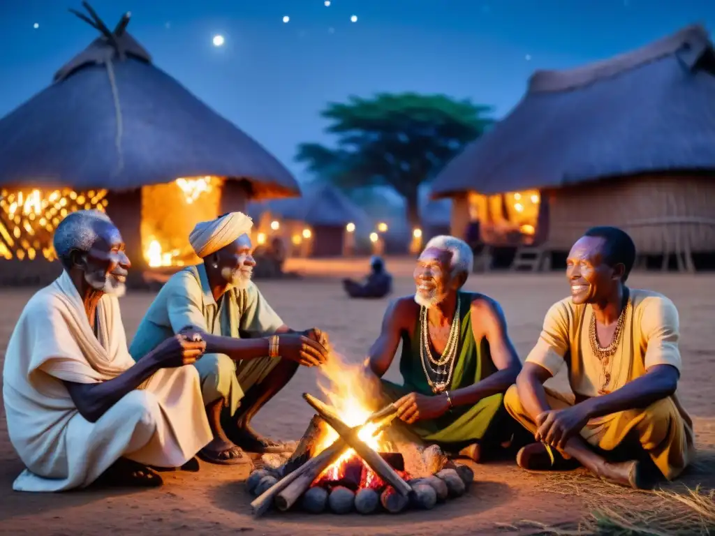 Grupo de ancianos contando historias alrededor del fuego en una aldea africana