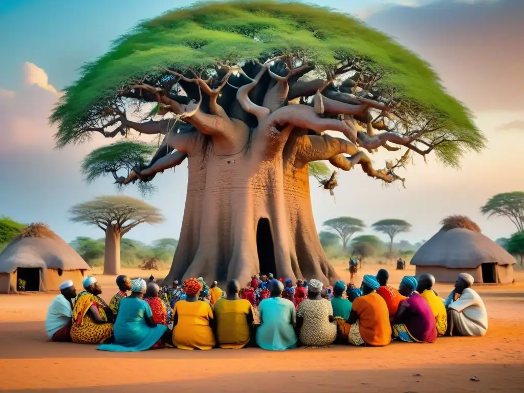 Un grupo de ancianos cuenta historias a niños bajo un baobab en una aldea africana
