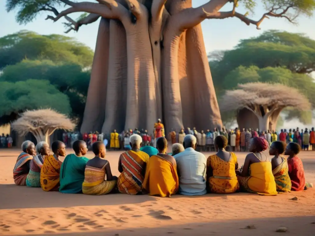 Un grupo de ancianos y jóvenes escuchan relatos orales bajo un baobab al atardecer