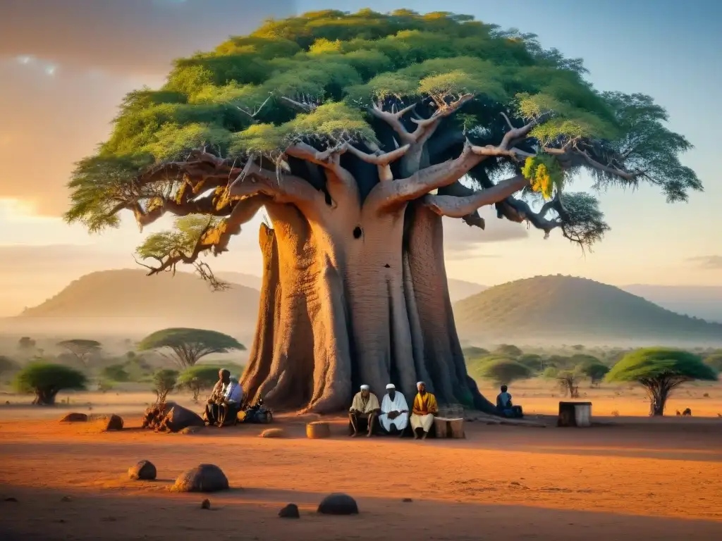 Un grupo de ancianos locales bajo un baobab antiguo en Etiopía, con los Orígenes del Cuerno de África al fondo al atardecer