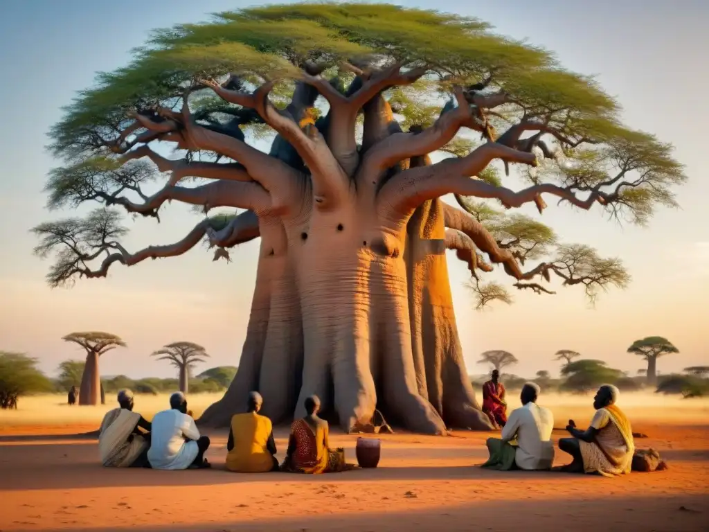 Un grupo de ancianos cuenta mitos y leyendas africanas antiguas bajo un baobab al atardecer