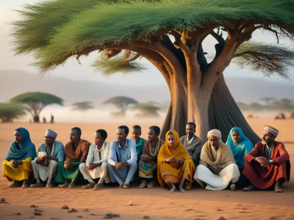 Grupo de ancianos y niños bajo un acacia en Somalia, escuchando al narrador en trajes tradicionales al atardecer