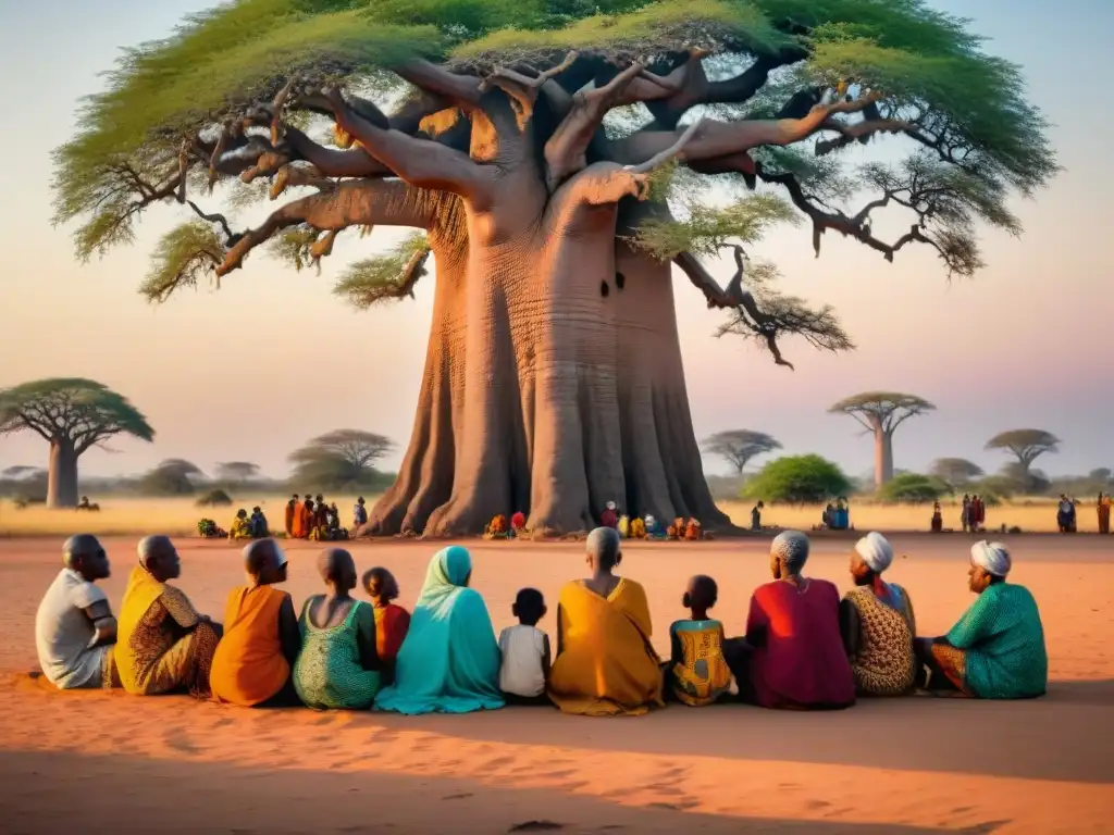 Un grupo de ancianos y niños escuchan atentos una historia bajo un baobab en África