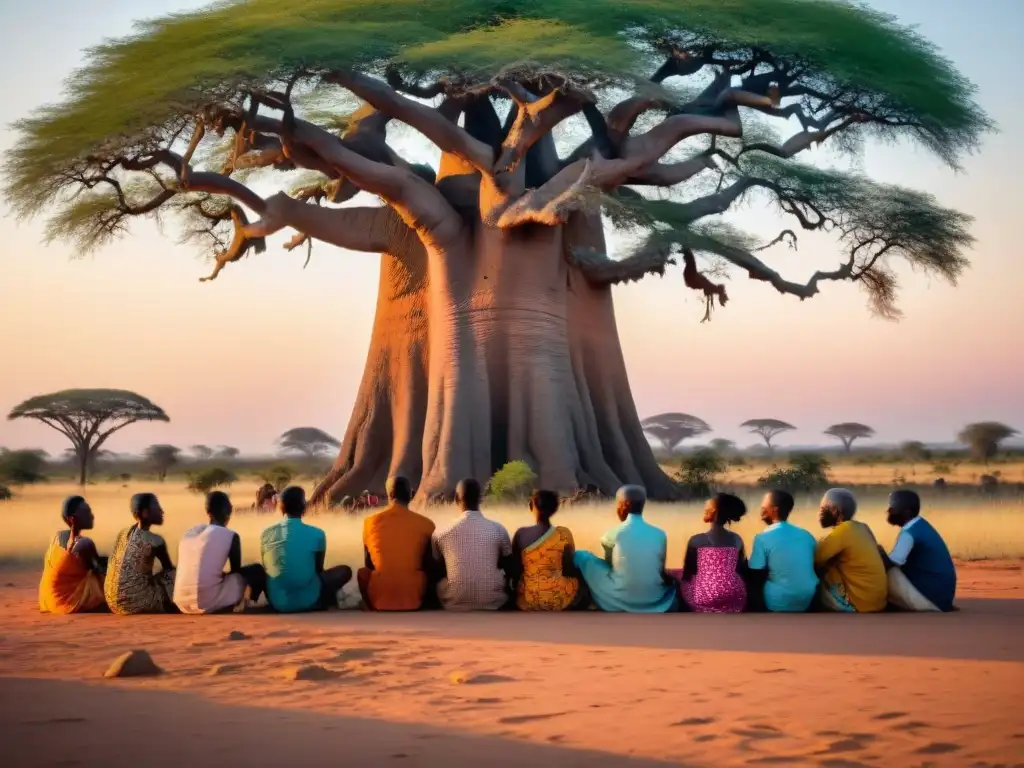 Grupo de ancianos y niños escuchando cuentos y mitos africanos bajo un baobab al atardecer