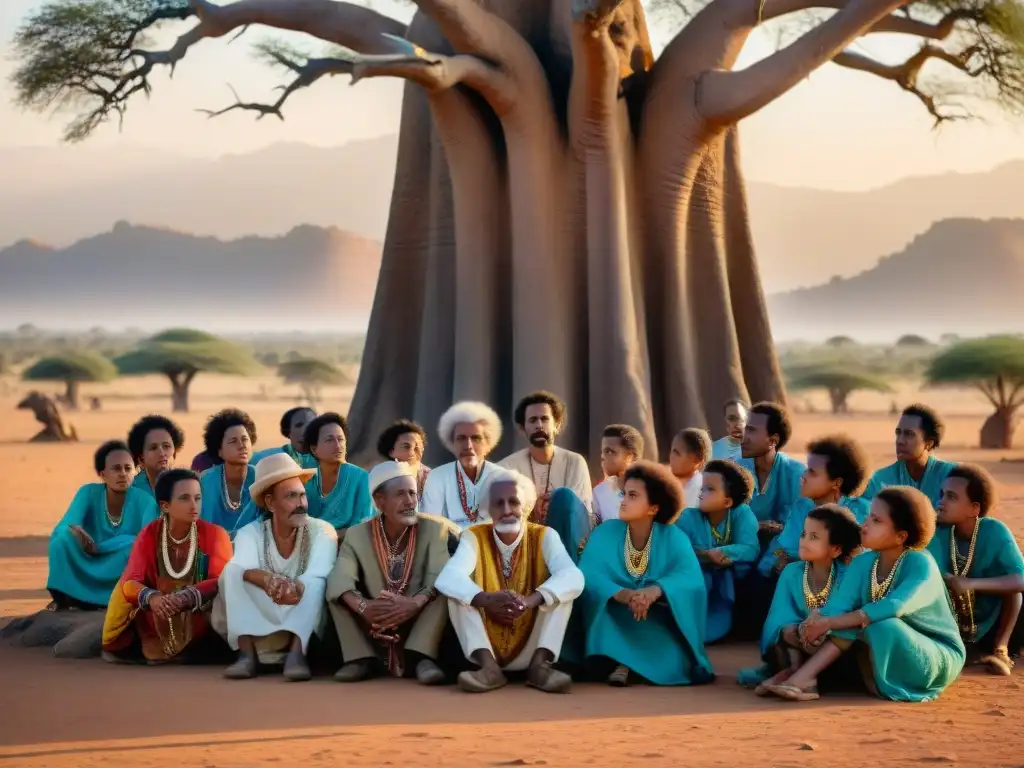 Un grupo de ancianos y niños escuchando una historia tradicional bajo un baobab en el Cuerno de África