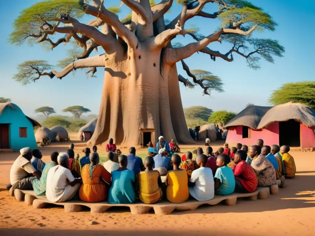 Grupo de ancianos y niños escuchando historias bajo un baobab en una aldea africana, reflejando la oralidad y la diáspora africana