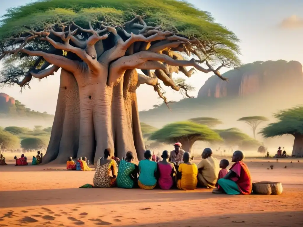 Un grupo de ancianos y niños en un vibrante pueblo africano escuchando cuentos y mitos africanos enseñanzas bajo un baobab al atardecer