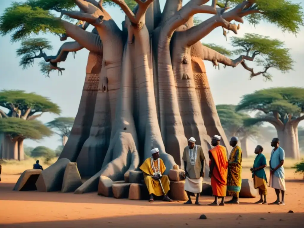 Un grupo de ancianos de África Occidental reunidos bajo un baobab discuten frente a antiguas tablas con Sistemas de escritura en África